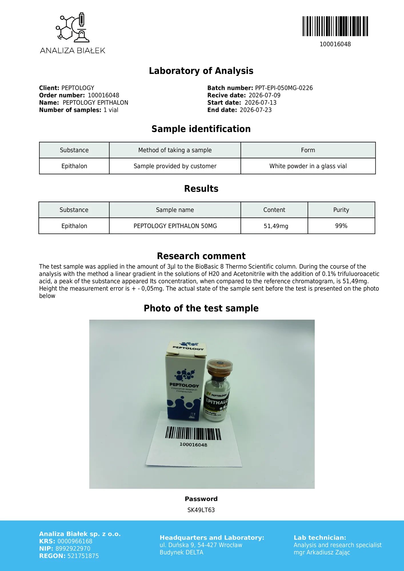 Epithalon 50 mg – HPLC purity certificate, batch 0226