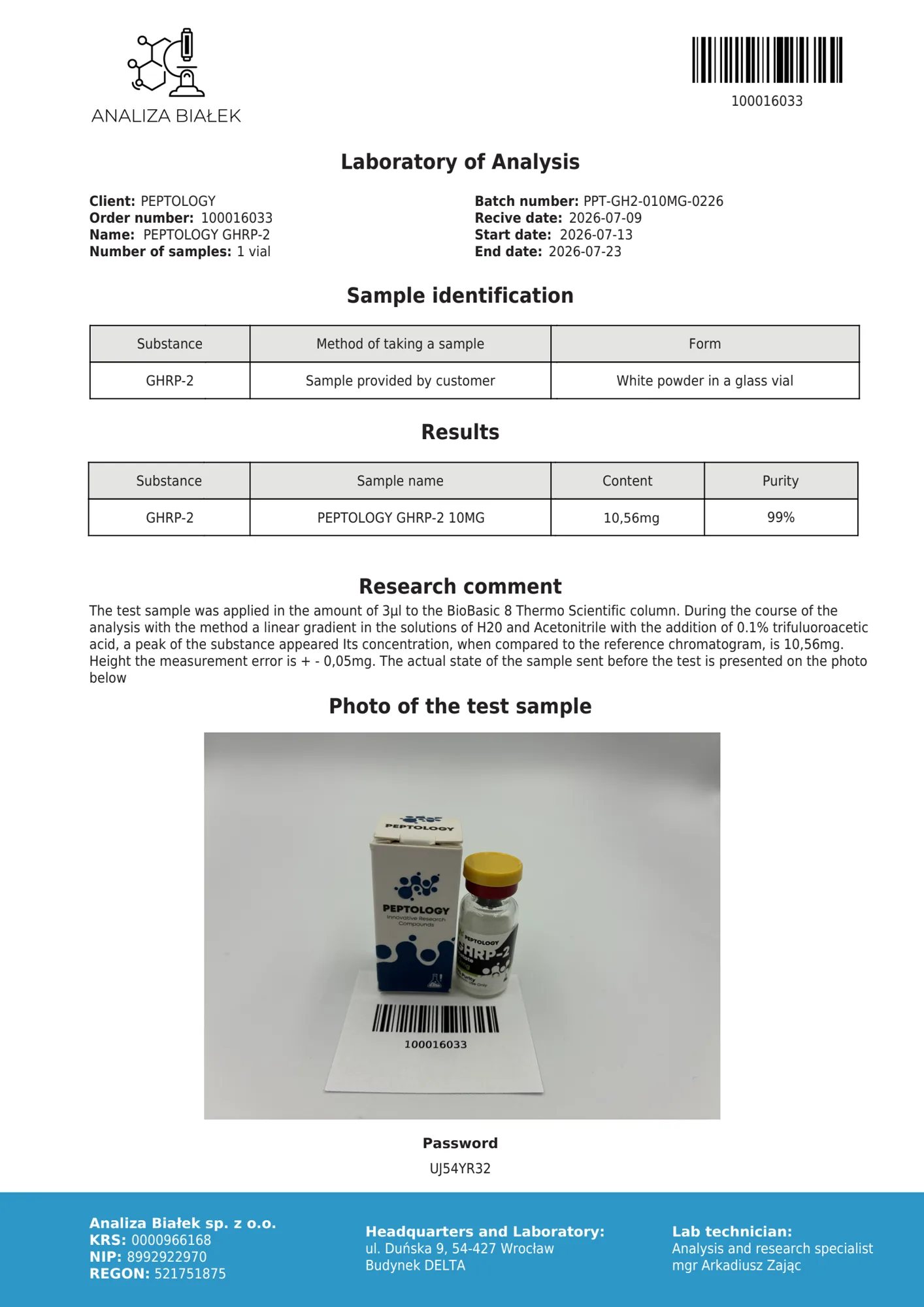 GHRP-2 10 mg – HPLC purity certificate, batch 0226