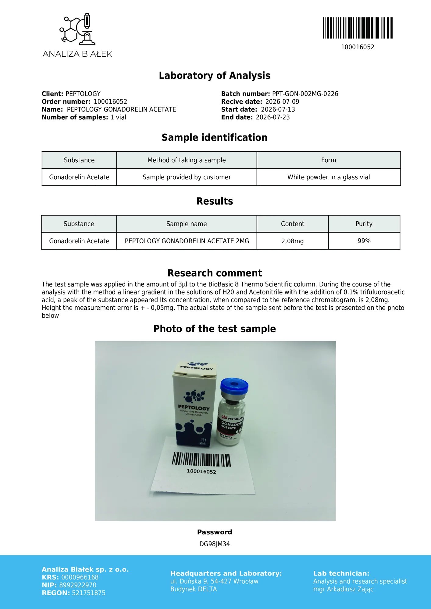 Gonadorelin 2 mg – HPLC purity certificate, batch 0226