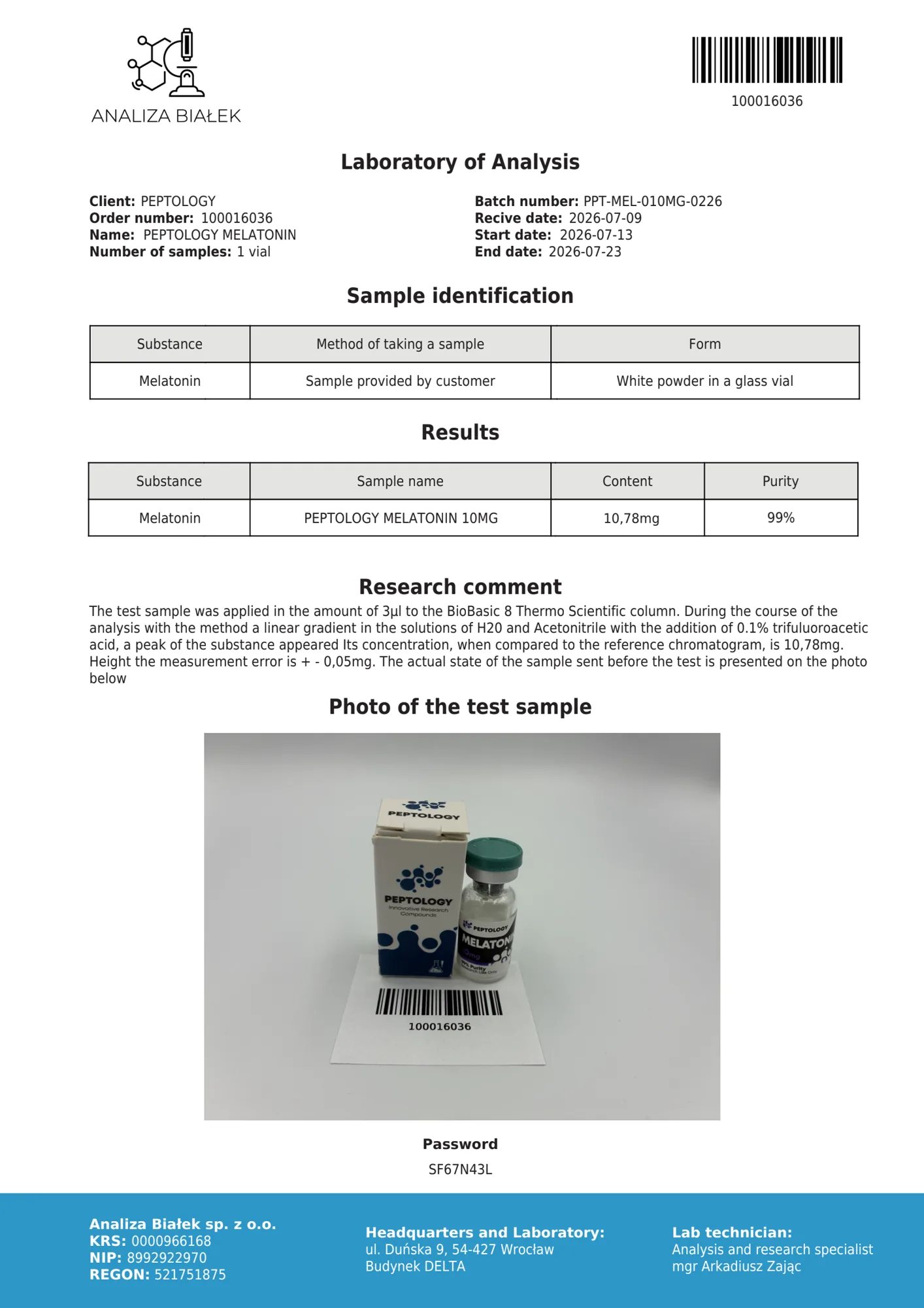 Melatonin 10 mg – HPLC purity certificate, batch 0226