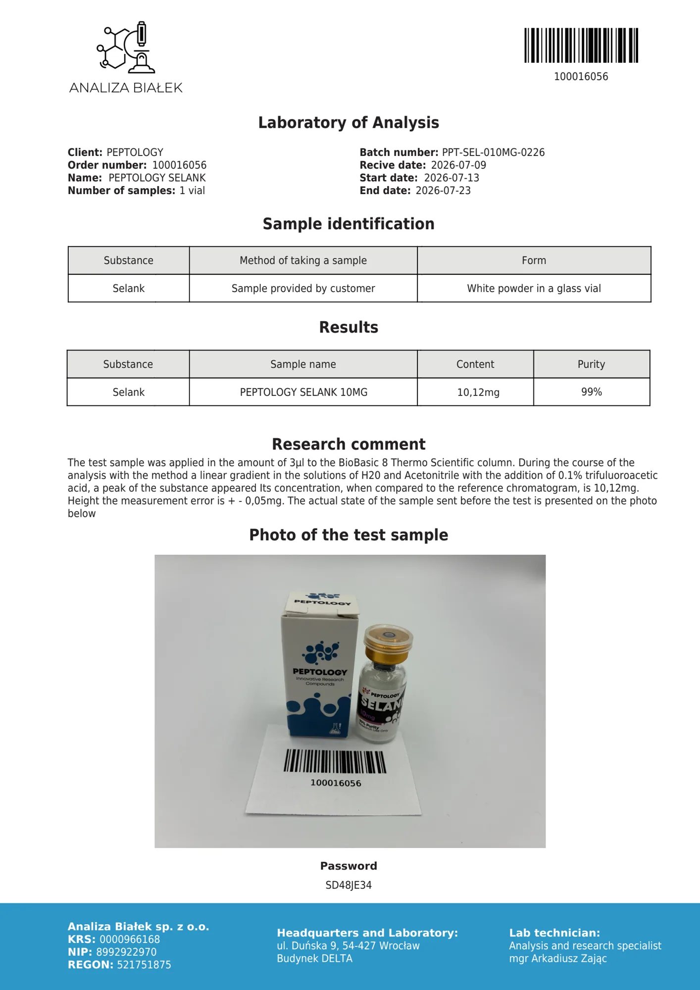 Selank 10 mg – HPLC purity certificate, batch 0226