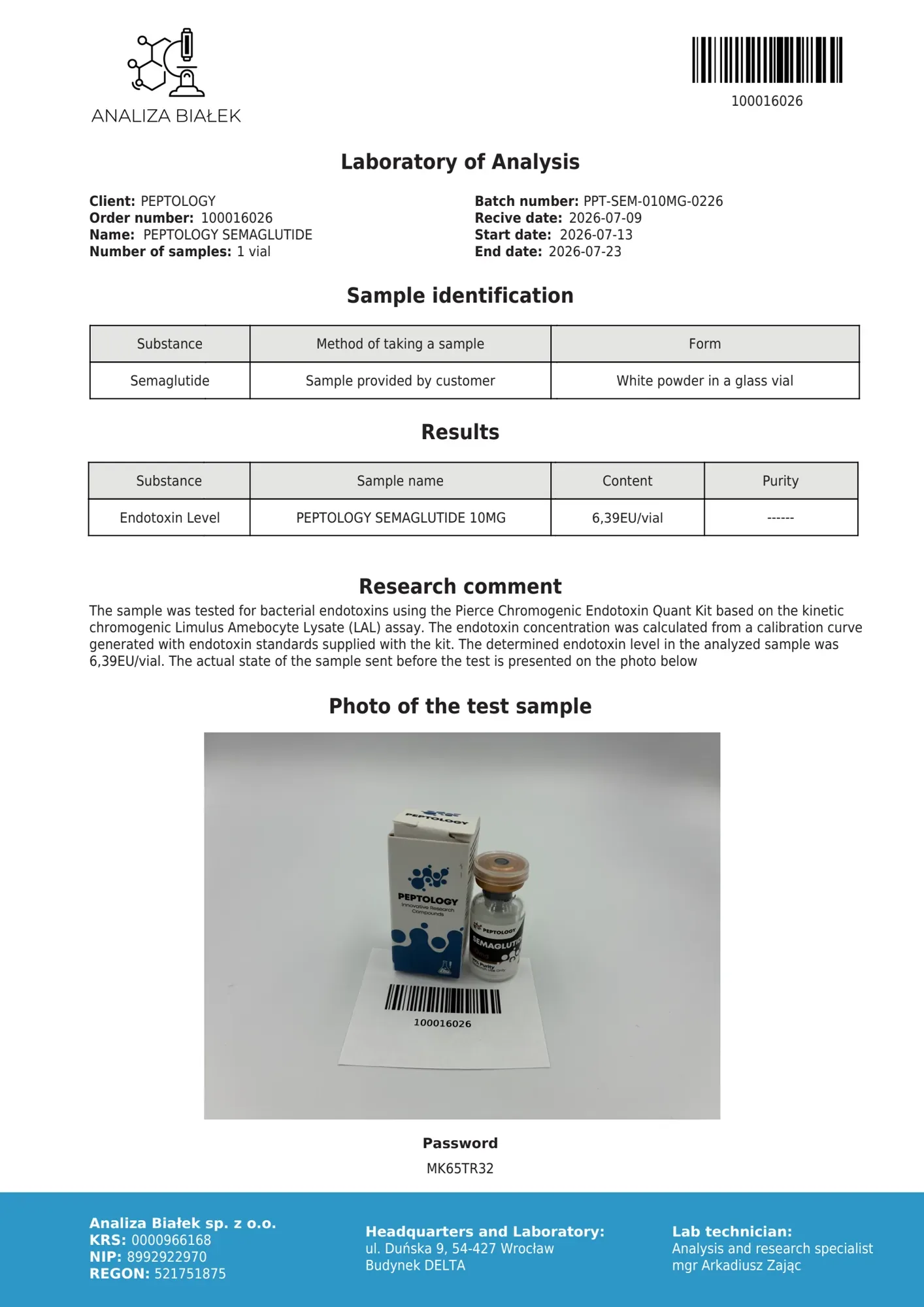 Semaglutide 10 mg – endotoxin test, batch 0226