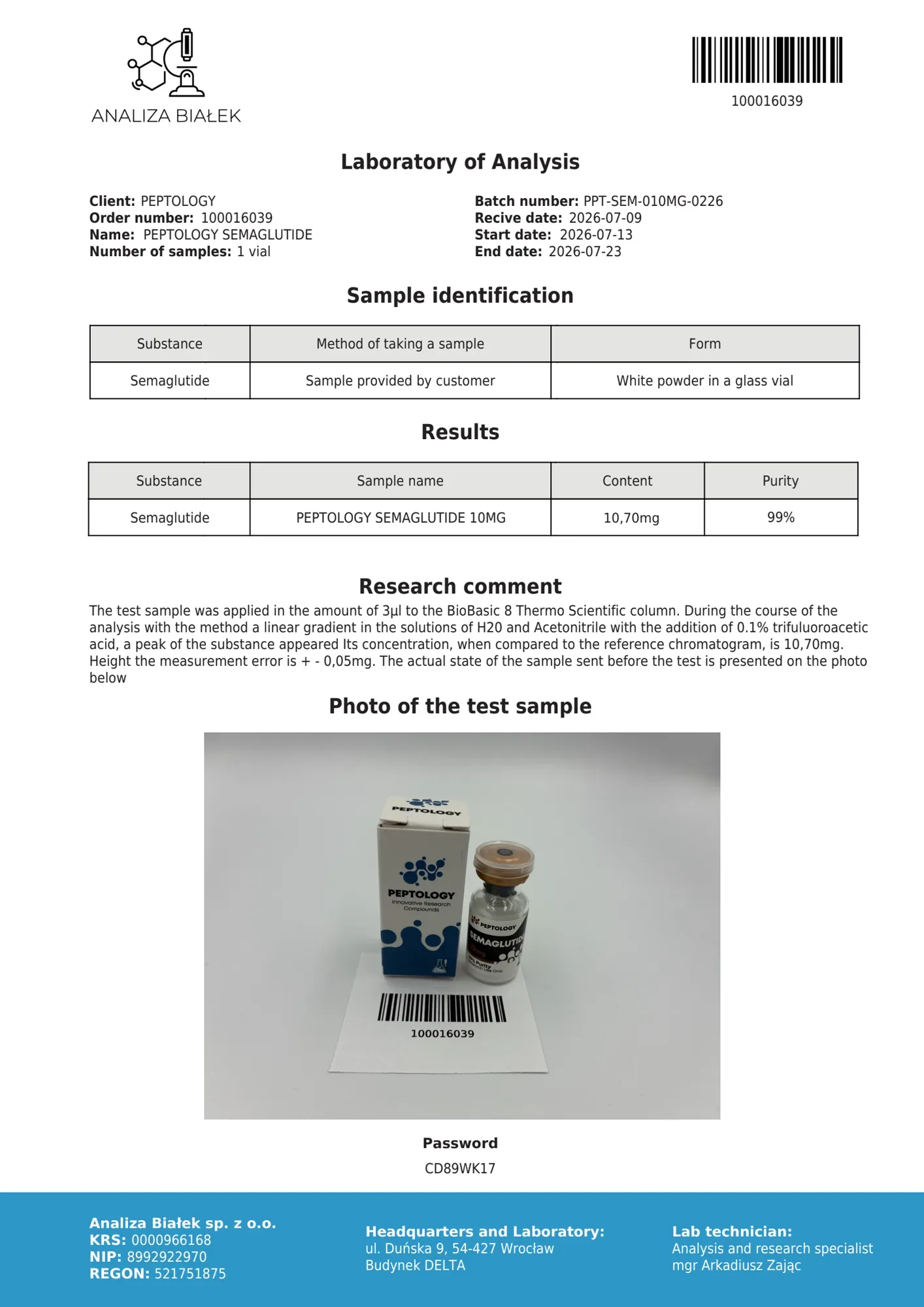 Semaglutide 10 mg – HPLC purity certificate, batch 0226