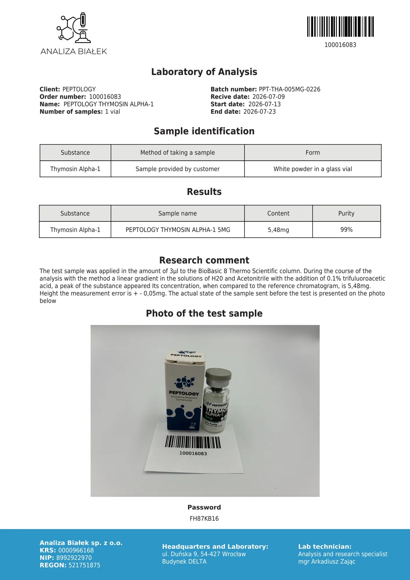 Thymosin Alpha-1 5 mg – HPLC purity certificate, batch 0226