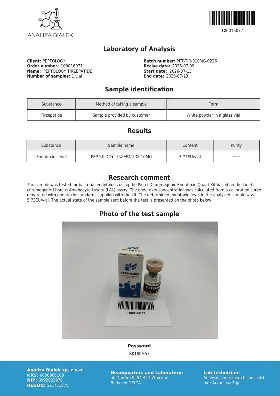 Tirzepatide 10 mg – endotoxin test, batch 0226