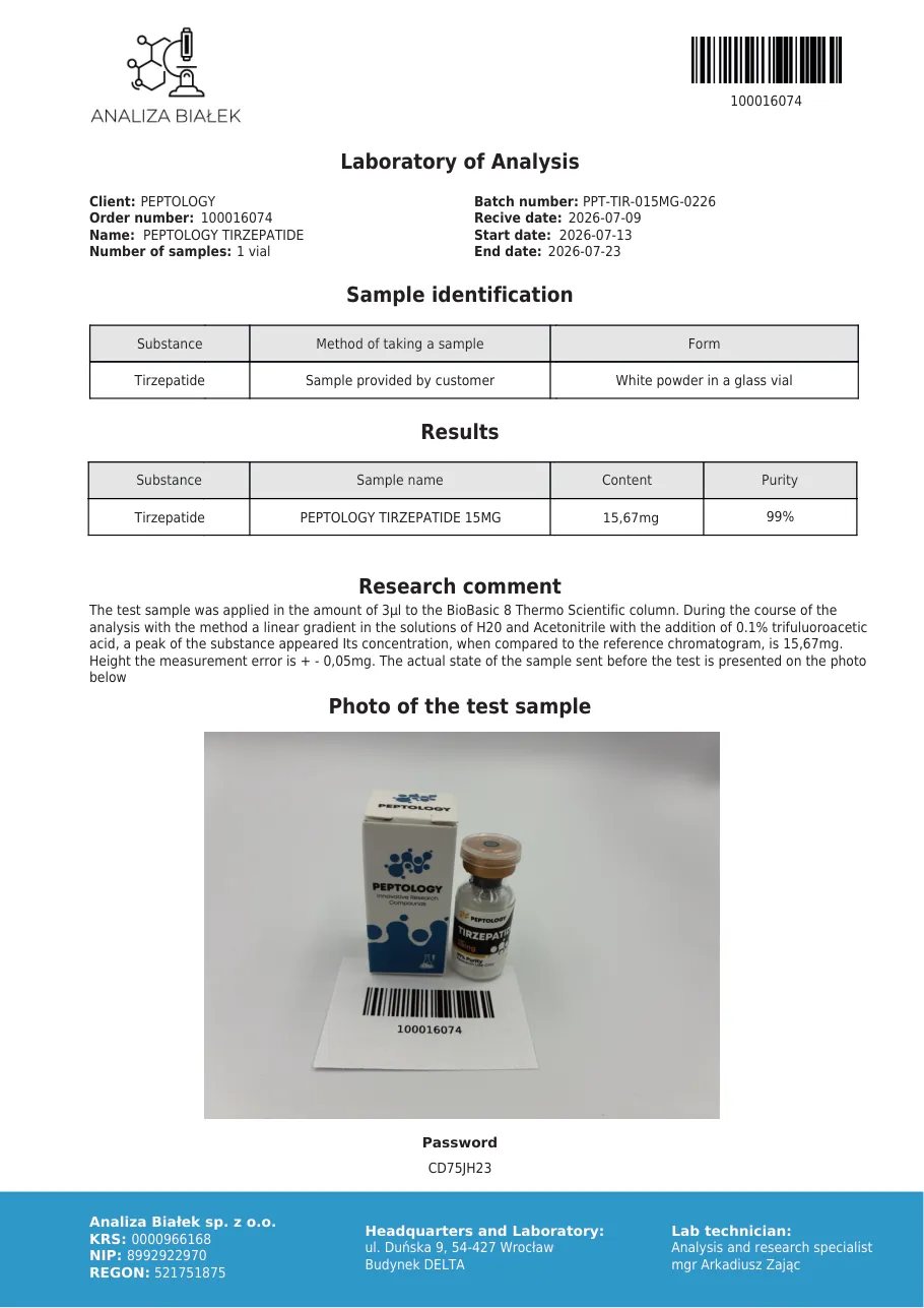 Tirzepatide 15 mg – HPLC purity certificate, batch 0226