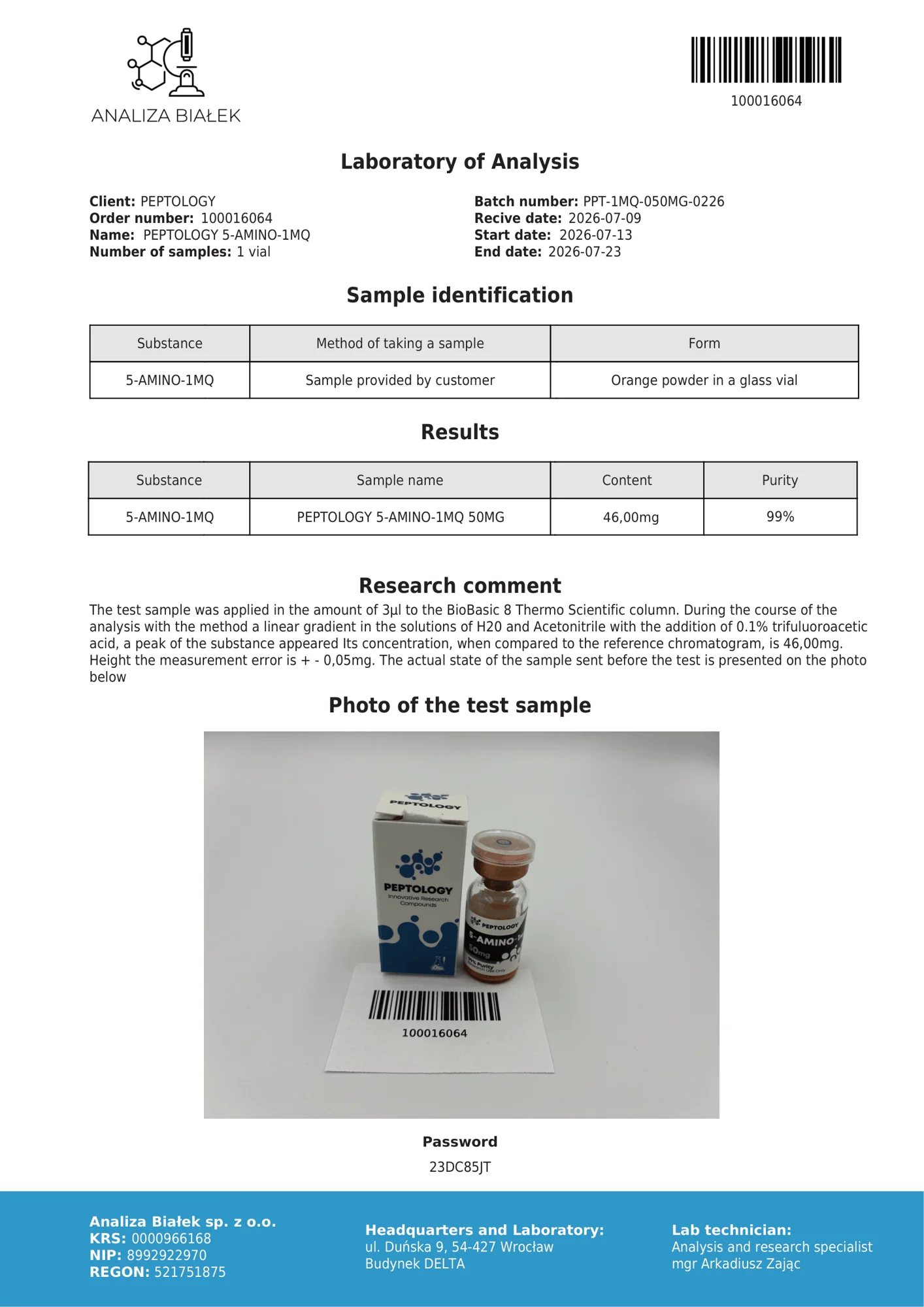 5-Amino-1MQ 50 mg – HPLC purity certificate