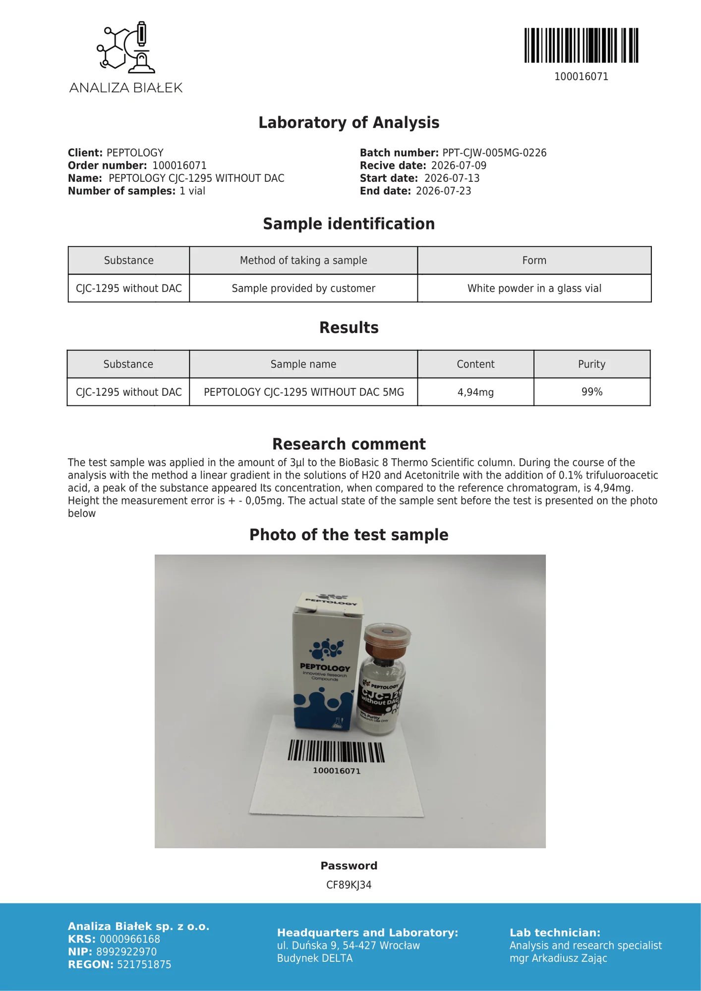 CJC-1295 sin DAC 5 mg – HPLC purity certificate