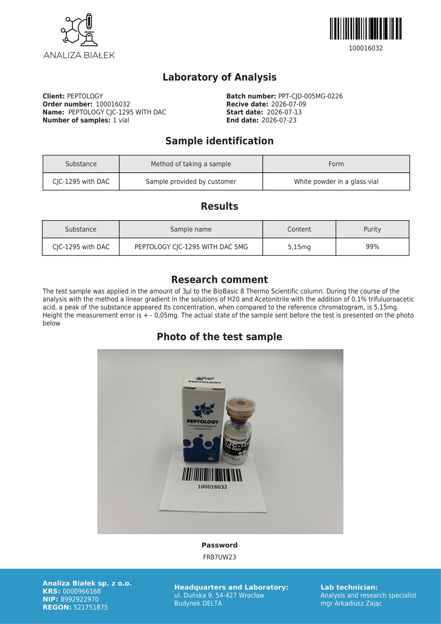 CJC-1295 con DAC 5 mg – HPLC purity certificate