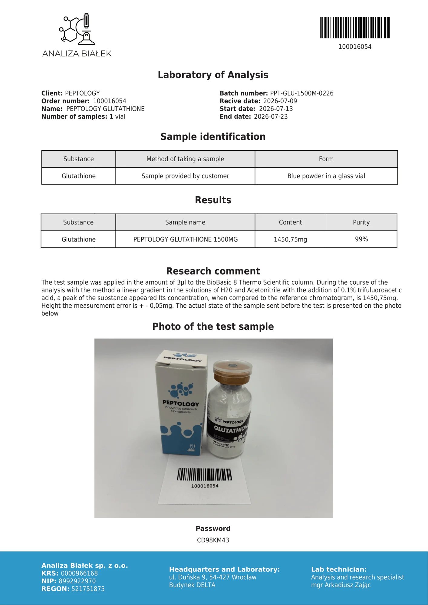 Glutatión 1500 mg – HPLC purity certificate