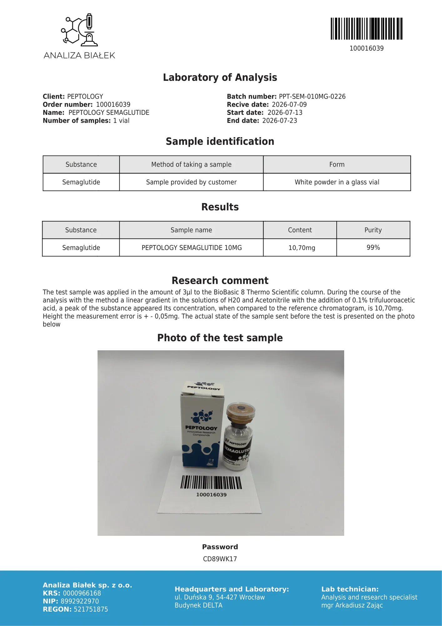 Semaglutide 10 mg – HPLC purity certificate
