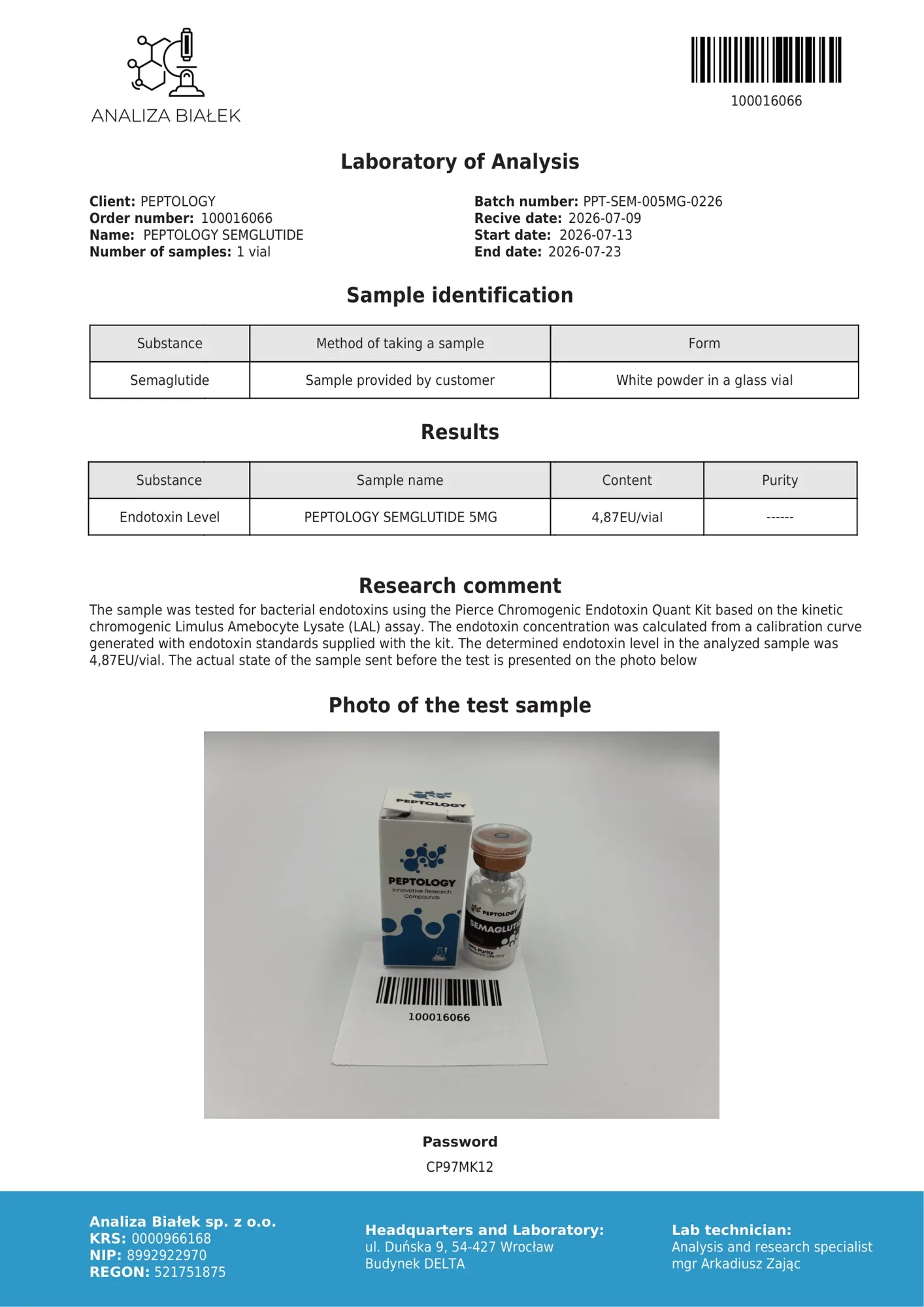 Semaglutide 5 mg – endotoxin test