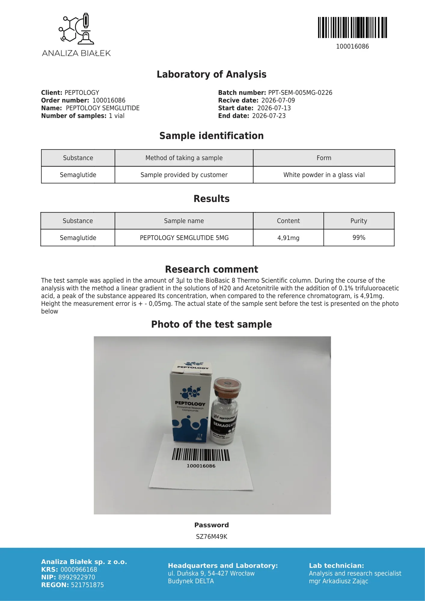 Semaglutide 5 mg – HPLC purity certificate