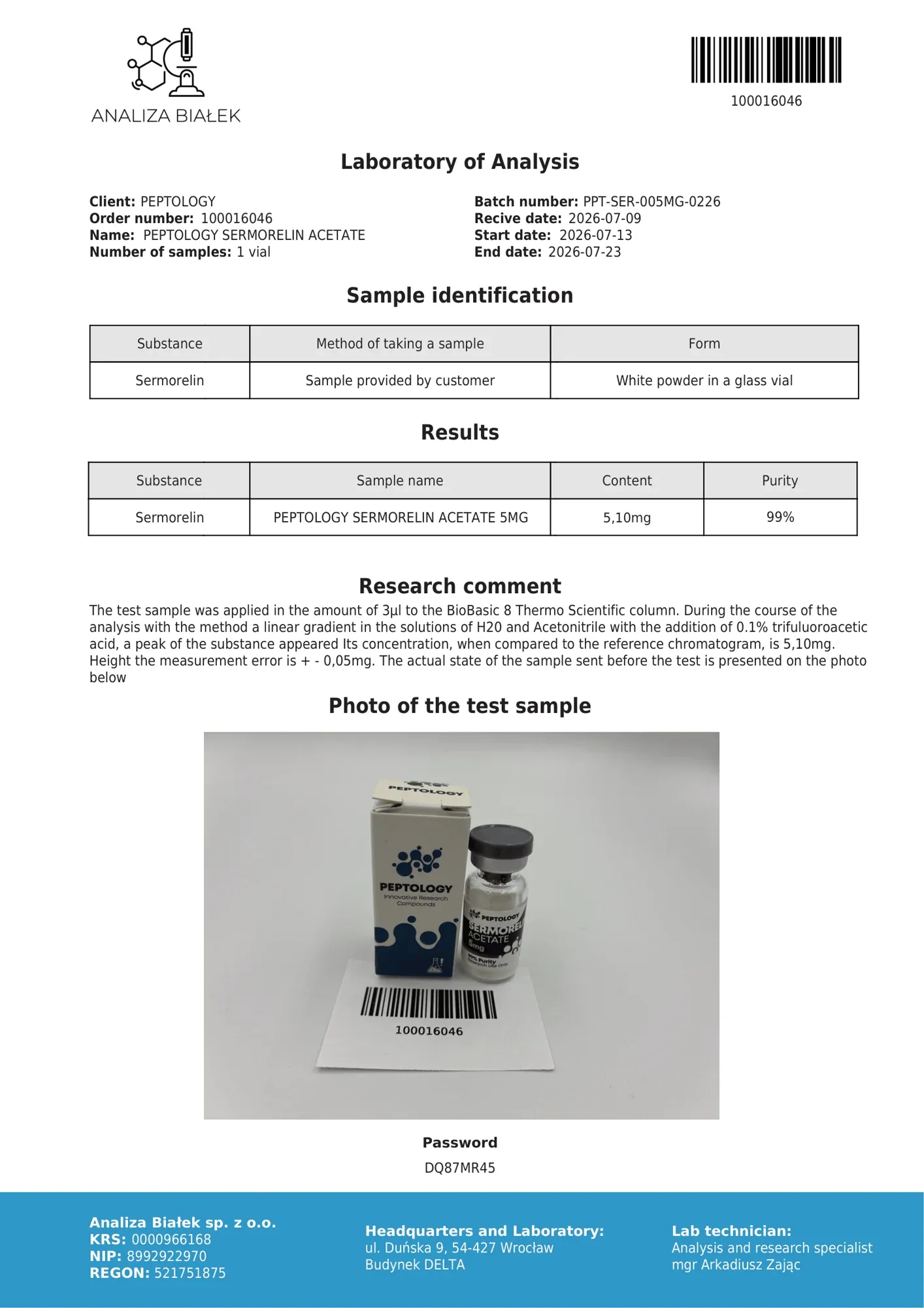 Sermorelin 5 mg – HPLC purity certificate