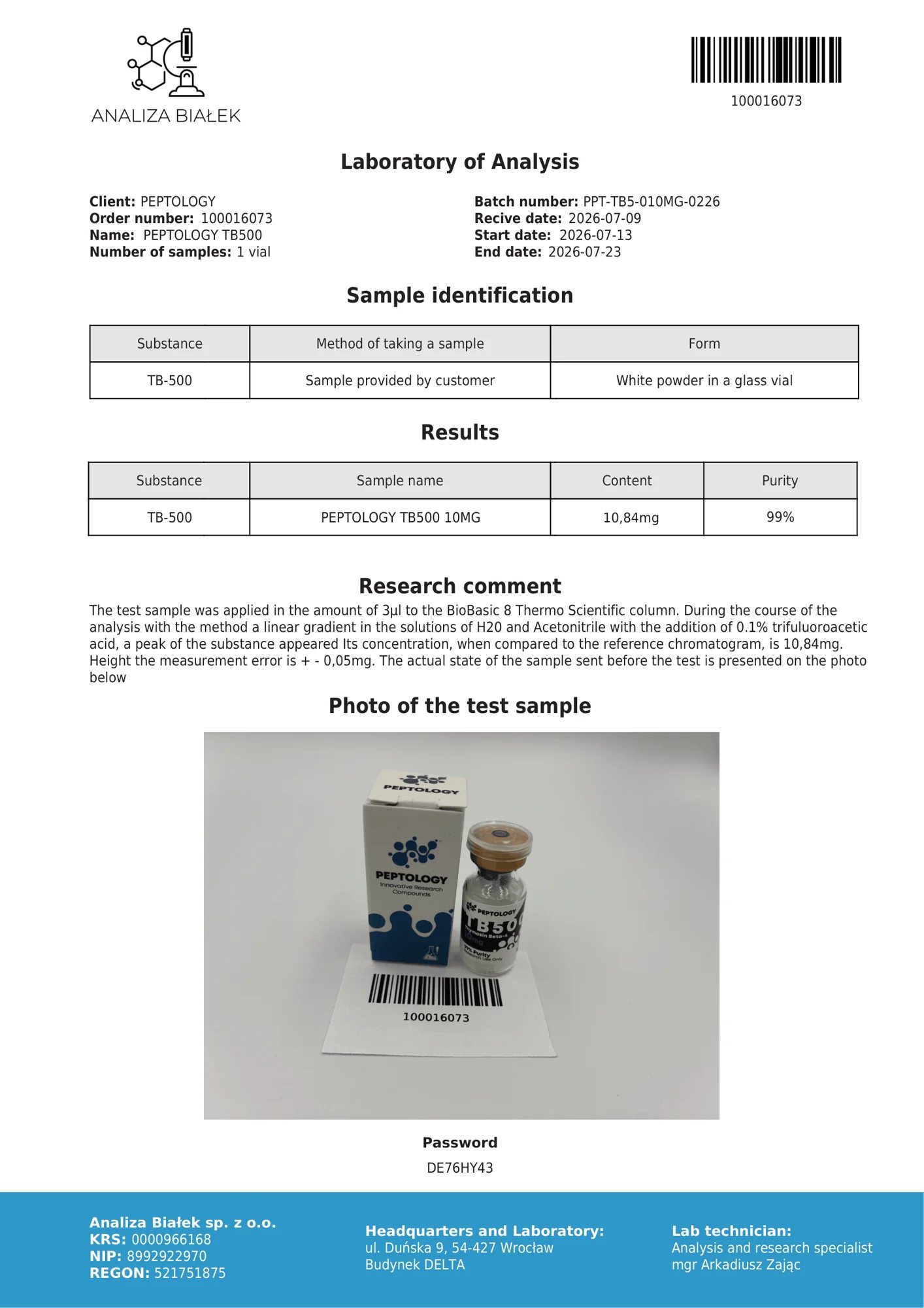 TB500 10 mg – HPLC purity certificate