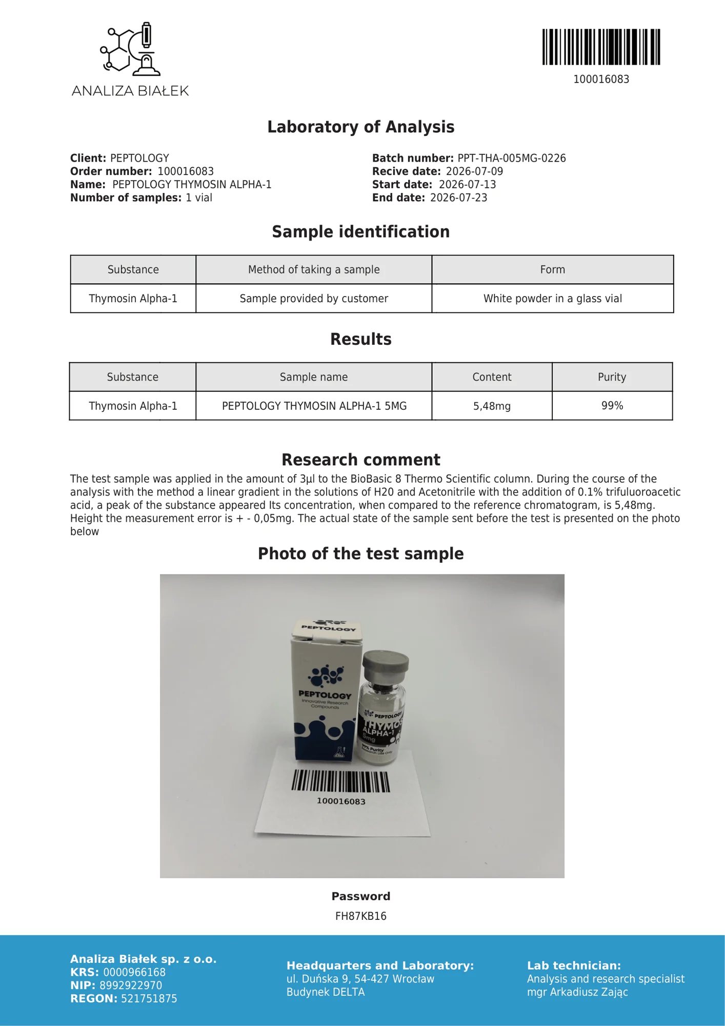 Thymosin Alpha-1 5 mg – HPLC purity certificate