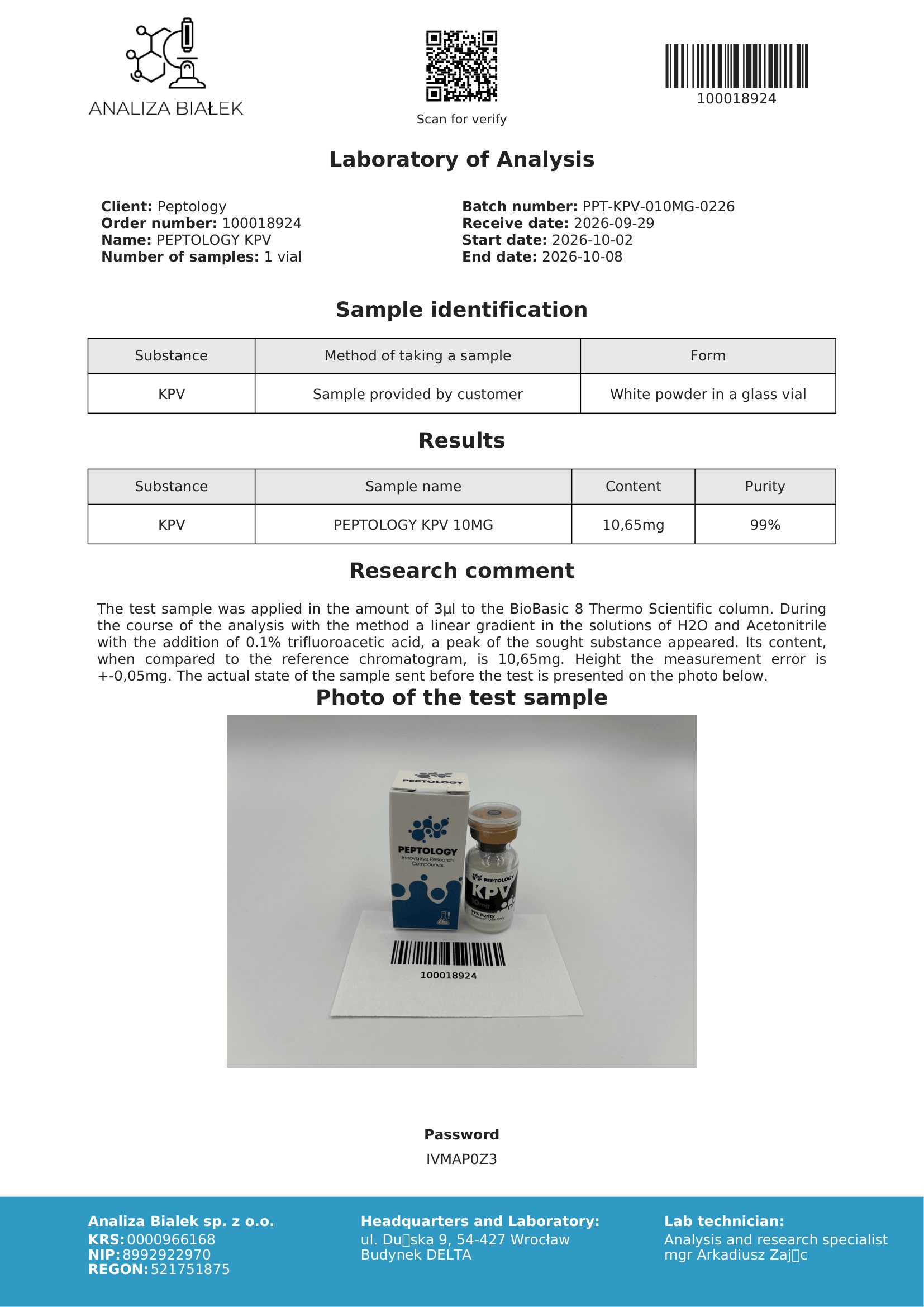 KPV – HPLC purity certificate, batch 0226