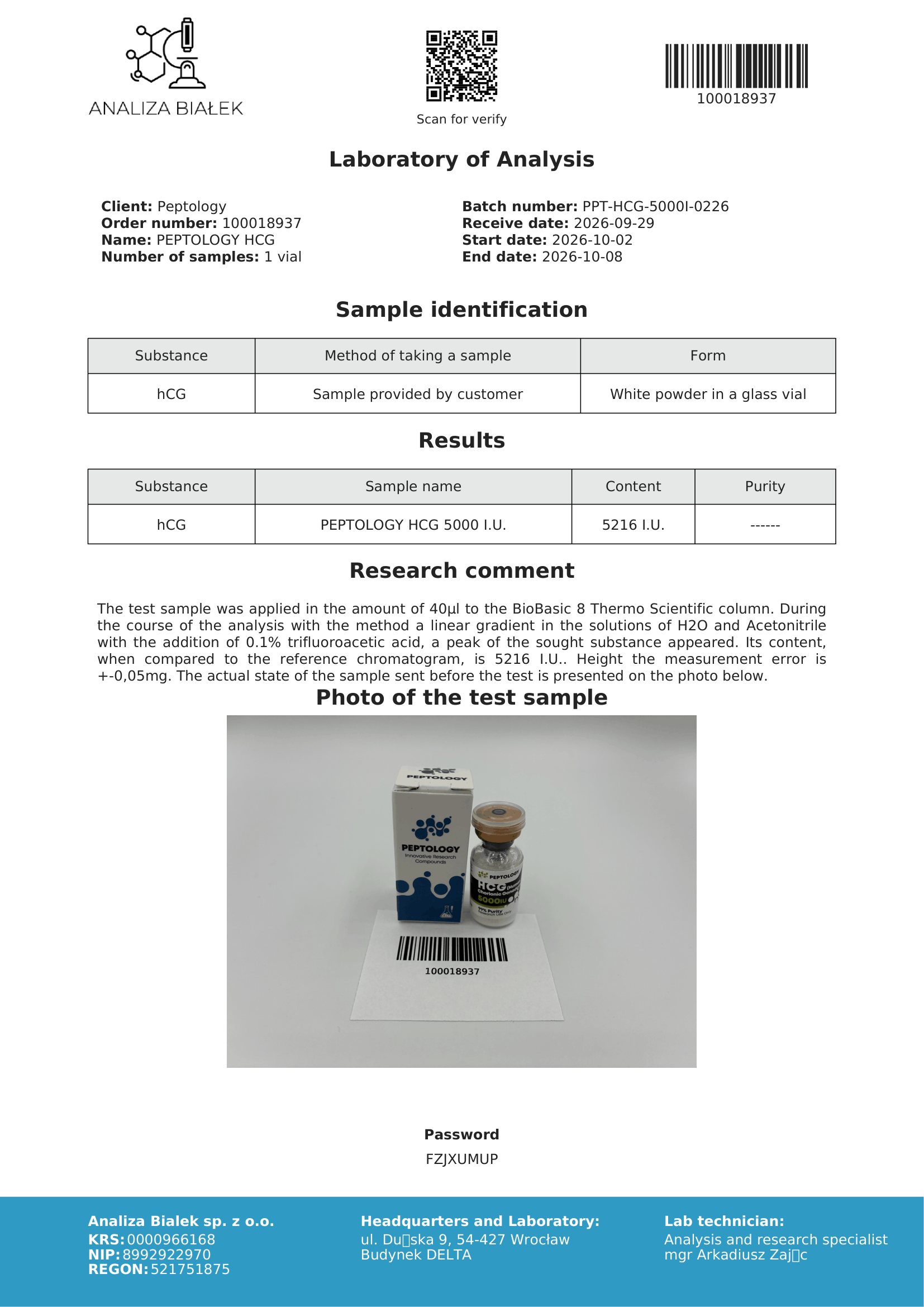 HCG – HPLC purity certificate, batch 0226