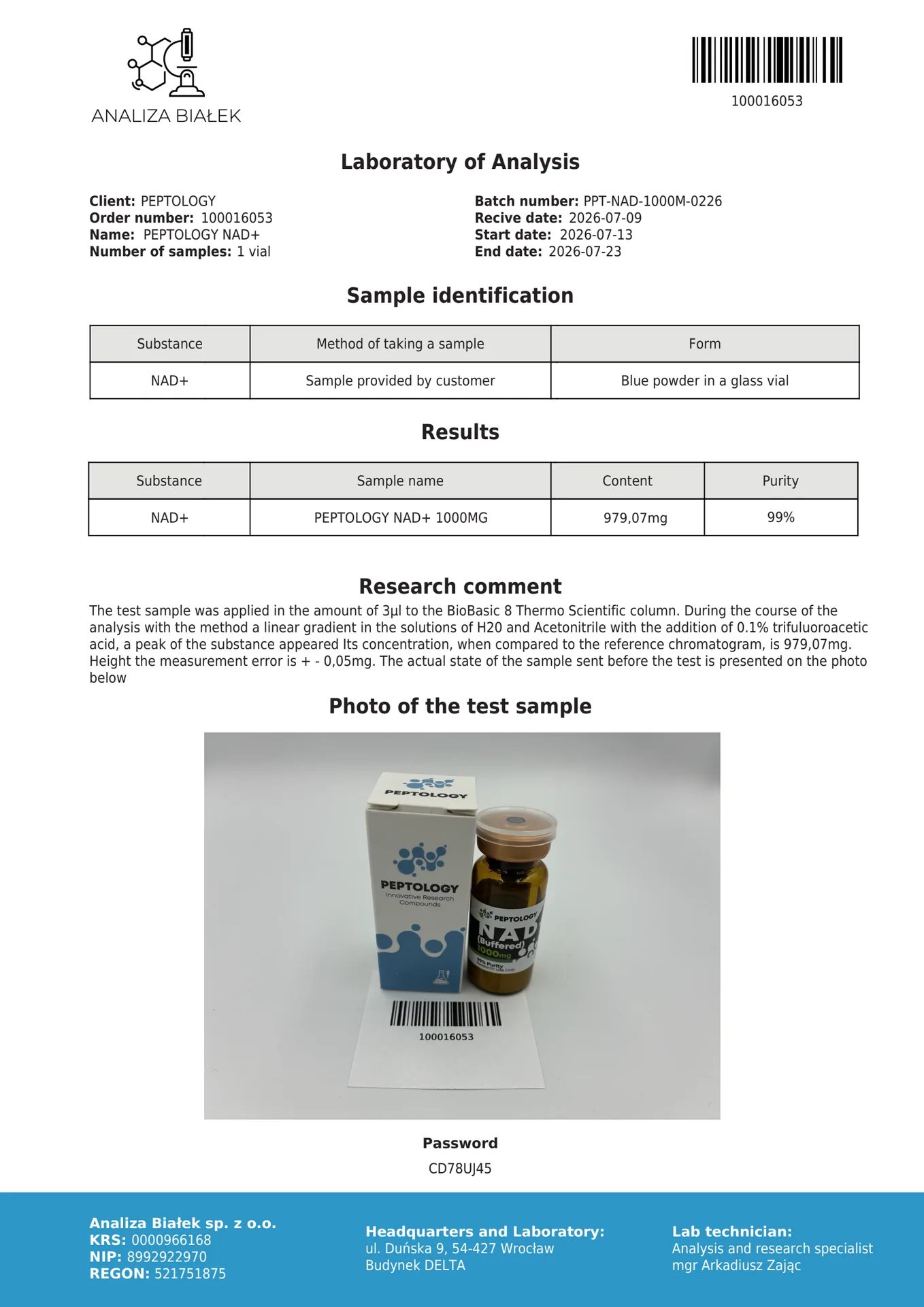 NAD+ (tamponado) 1000 mg – Coenzima para investigación mitocondrial – imagen 2